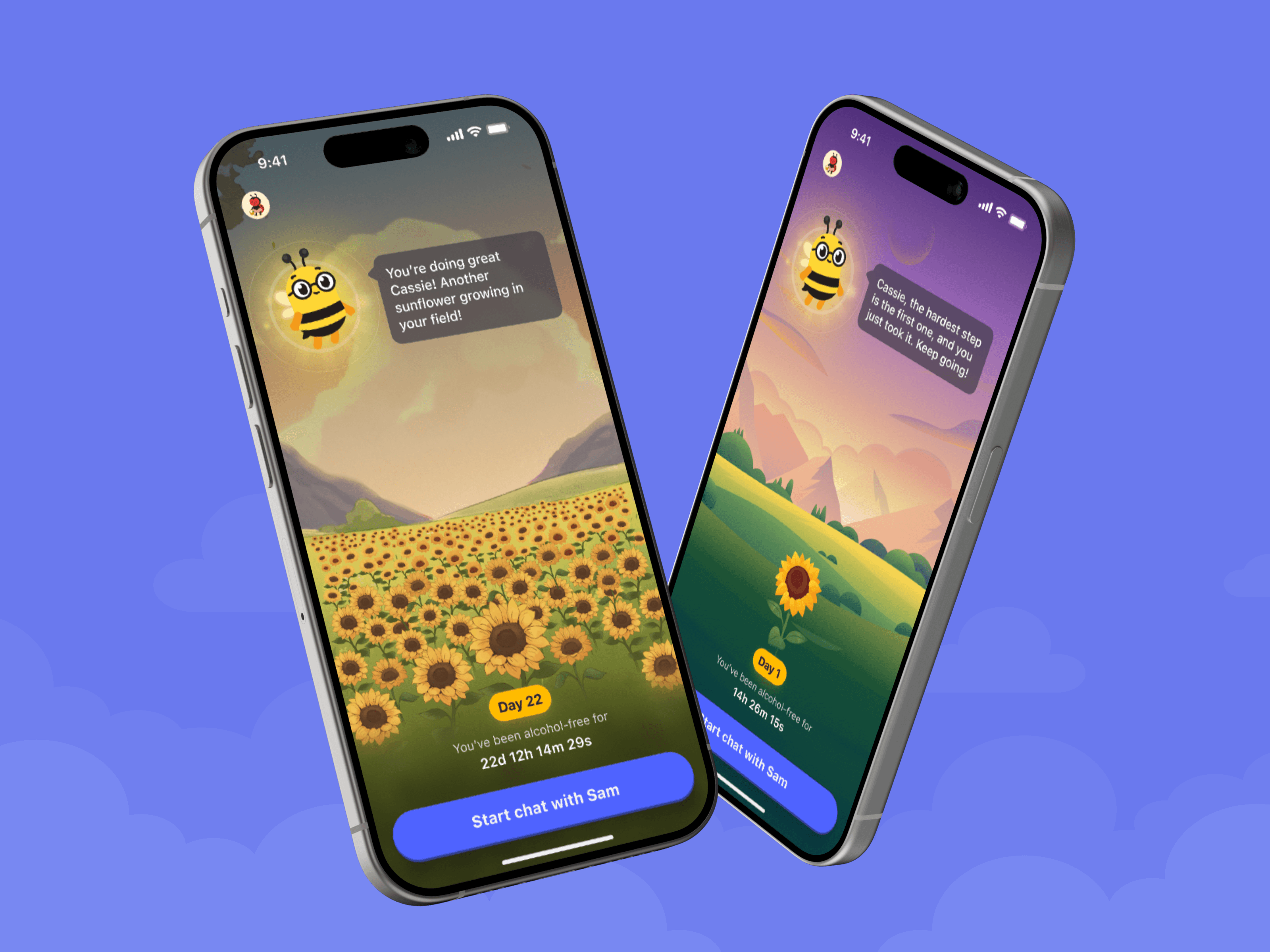 The sobriety timer shows users how long they have been sober, down to the day, hour, and minute. It sits inside the garden they personalised during onboarding, surrounded by the sunflowers they have been growing.The longer the streak, the more the garden blooms. Users are watching something they built grow.